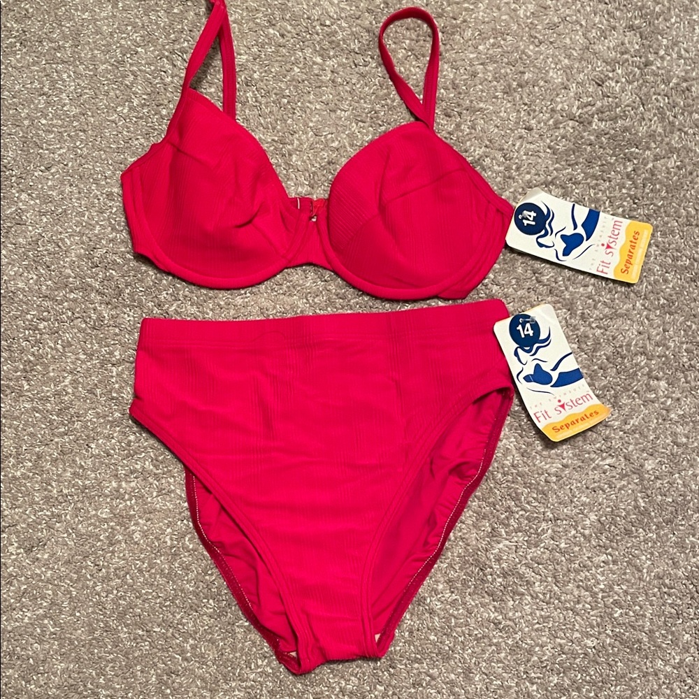 Fit System Vintage Vibrant Red Ribbed Bikini, Size 14